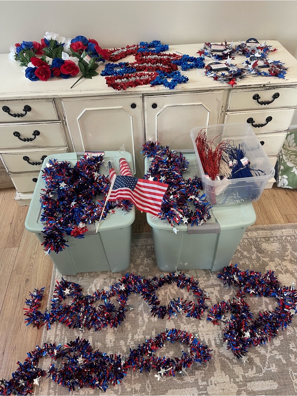 Patriotic Red White & Blue Garland and Decor Lot